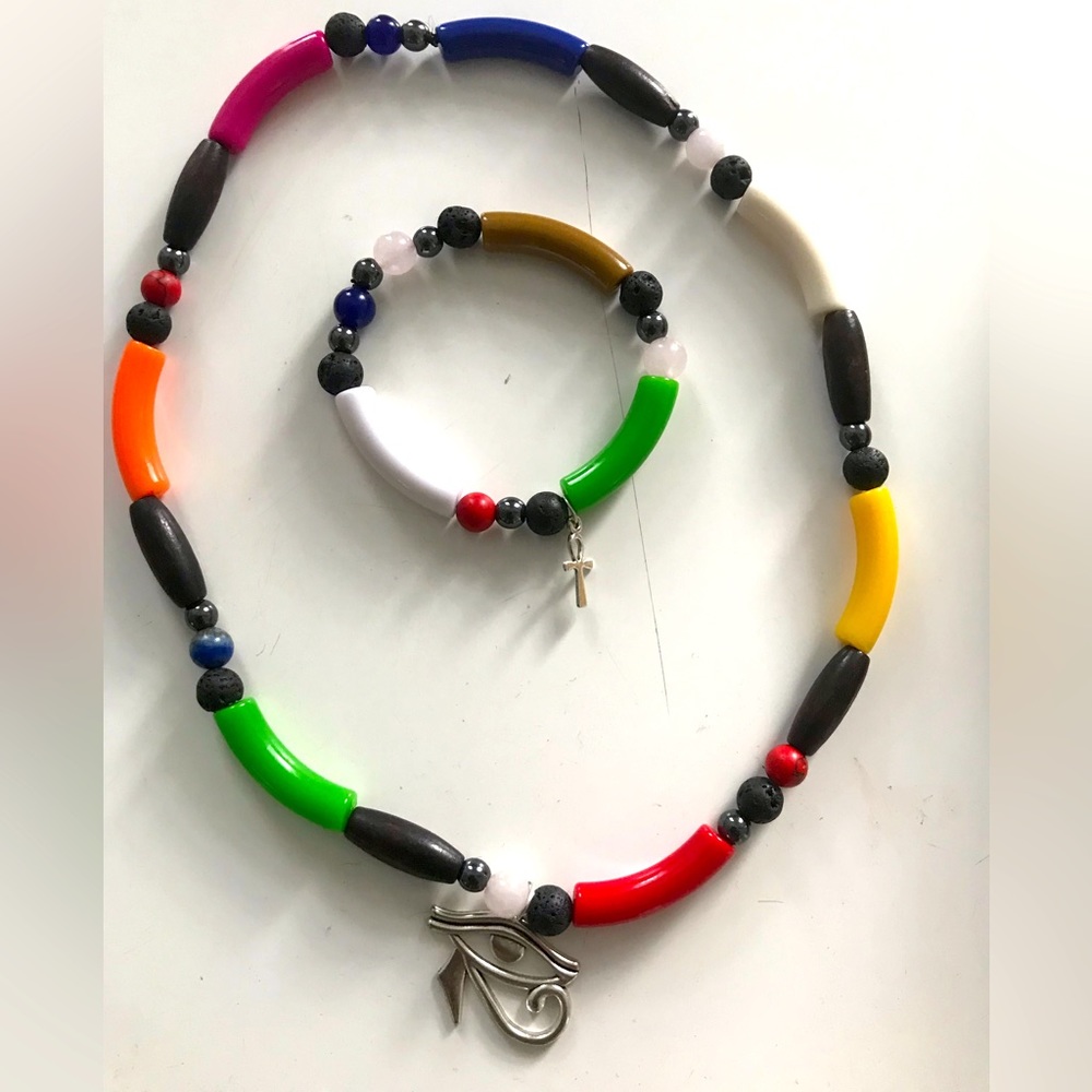 African Egytian style energy beaded necklace bracelet set w Ankh eye of horus